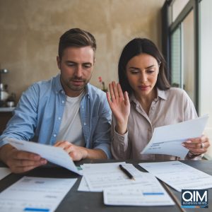 husband and wife at the kitchen table with bills