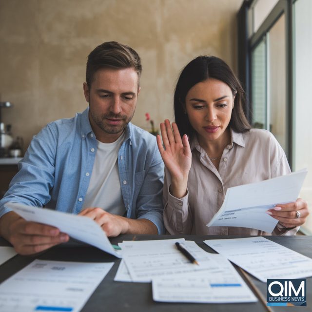 husband and wife at the kitchen table with bills