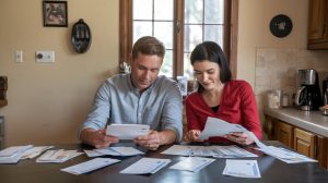 usband and wife sitting at kitchen table looking at their bills